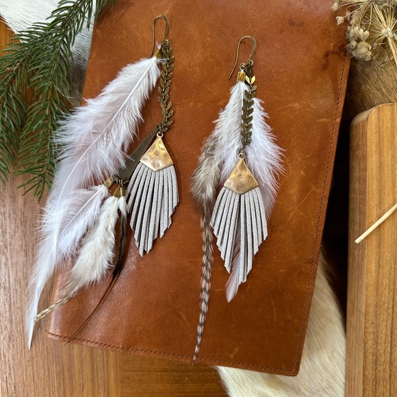 Suede Fringe Arrow Feather Antique Brass Bohemian Statement Earrings - Picture 6 of 11